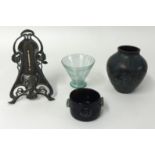 WMF desk thermometer and green metal vase with leaf decoration t/w small glass bowl with pontils and