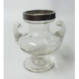 A small 19th century campana shaped glass vase with later silver rim and later wood box height 10.