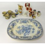 Victorian meat platter Asiatic pheasant pattern, Devonware cups, Staffordshire small dog novelty