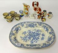 Victorian meat platter Asiatic pheasant pattern, Devonware cups, Staffordshire small dog novelty