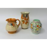 Charlotte Rhead Autumn leaf vase, lamp base and stitch pattern vase (3)