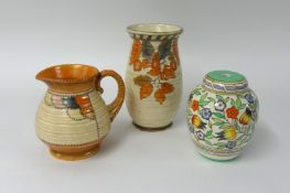 Charlotte Rhead Autumn leaf vase, lamp base and stitch pattern vase (3)