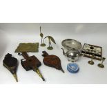 A box lot including bellows, horse brass, silver plated wares and Wedgwood jasper wares