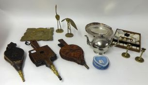 A box lot including bellows, horse brass, silver plated wares and Wedgwood jasper wares