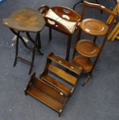 Various small furniture including a folding cake stand, butlers table, a poker work table, book rack