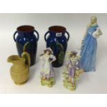 A pair of Torquay pottery blue Peacock vases, a pair of Victorian figures, a Royal Dolton figure '