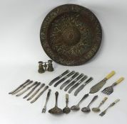 Mixed collection including Georgian tea caddy, circular embossed copper plaque, four rulers