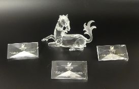Swarovski Crystal glass Unicorn and 3 plaques. (damaged, horn needs to be attached) and glass