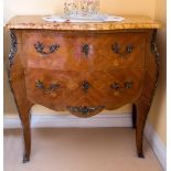 A French marble top, bombe and inlaid chest commode, height 73cm.