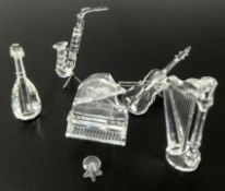 Swarovski Crystal glass Musical instruments. Harp, Grand piano and stool, Lute, Saxophone, with