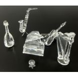 Swarovski Crystal glass Musical instruments. Harp, Grand piano and stool, Lute, Saxophone, with