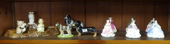 A mixed lot of china ware and ornaments including Beswick and Wade. Also six Coalport figurines with