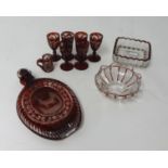 Bohemian glass flask with stopper, six small drinking glasses and three other pieces