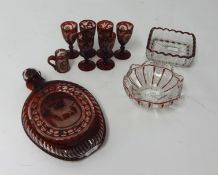Bohemian glass flask with stopper, six small drinking glasses and three other pieces