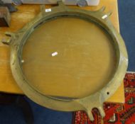 Various items including a heavy porthole, a copper bed warmer, old iron scales, wood ware etc.