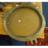 Various items including a heavy porthole, a copper bed warmer, old iron scales, wood ware etc.