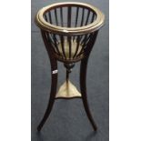 Mahogany basket jardinière, also a Bretby hammered effect planter (damaged) an Indian brass pot