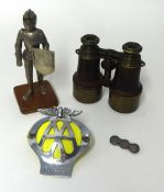 Various items Dehoy binoculars, AA badge, silver coin brooch and figure