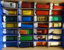 A collection of Lesney Matchbox Series repainted diecast models (28), blue tray contents.