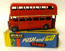 A collection of diecast models cars including Dinky Toys (boxed) and a Minic Triang bus (boxed).