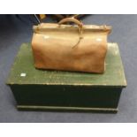 An old leather Gladstone bag and a green over painted tool chest (2)