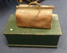 An old leather Gladstone bag and a green over painted tool chest (2)