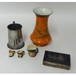Bangkok sterling silver cigarette box pewter tankard, miniature Doulton character jugs and