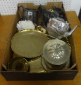 Various items including metal ware, pair trench art shell bases etc