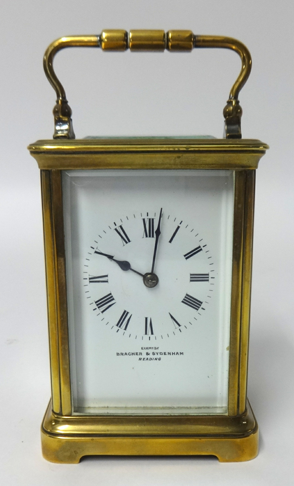 Brass carriage clock with platform escapement, height 16.50cm with handle up.