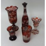 Five Bohemian glass items including decanter, goblet, beaker etc