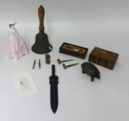 Various items including ARP bell, Coalport figure, a 'Maori' Tapu paper knife and two boxes.