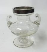 A small 19th century campana shaped glass vase with later silver rim and later wood box height 10.