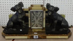 French Art Deco marble clock set with two dogs