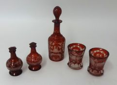 Bohemian glass small decanter, pair of goblets, pair of scent bottles