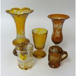 Five yellow Bohemian glass items