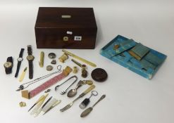 Collection of items including Victorian sewing box, silver coin box, bone sewing items, three