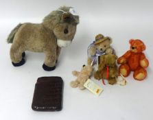 A Merrythought Donkey, a Victorian crocodile cigar case and 4 teddy bear including Steiff, Hermann