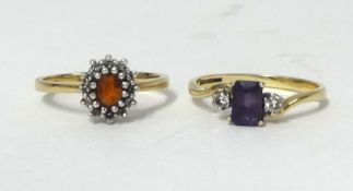 A 9ct fire opal set ring and another set with Amethyst (2).