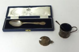 A Mappin & Web silver spoon, cased also a Chester silver lidded salt and spoon (damaged).