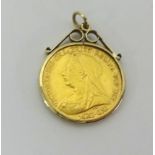 A late Victorian half sovereign, 1900, mounted as a pendant.