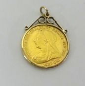 A late Victorian half sovereign, 1900, mounted as a pendant.