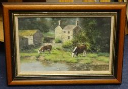 Tony Wooding - 'Cattle Grazing' oil on canvas, signed, 25cm x 38cm.