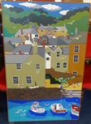Brian Pollard, a large early oil on canvas painting, 'Mousehole', signed, 125cm x 77cm.
