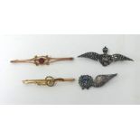 A 9ct gold brooch, RAF Sweetheart brooch, another wing brooch and a yellow metal brooch (4).