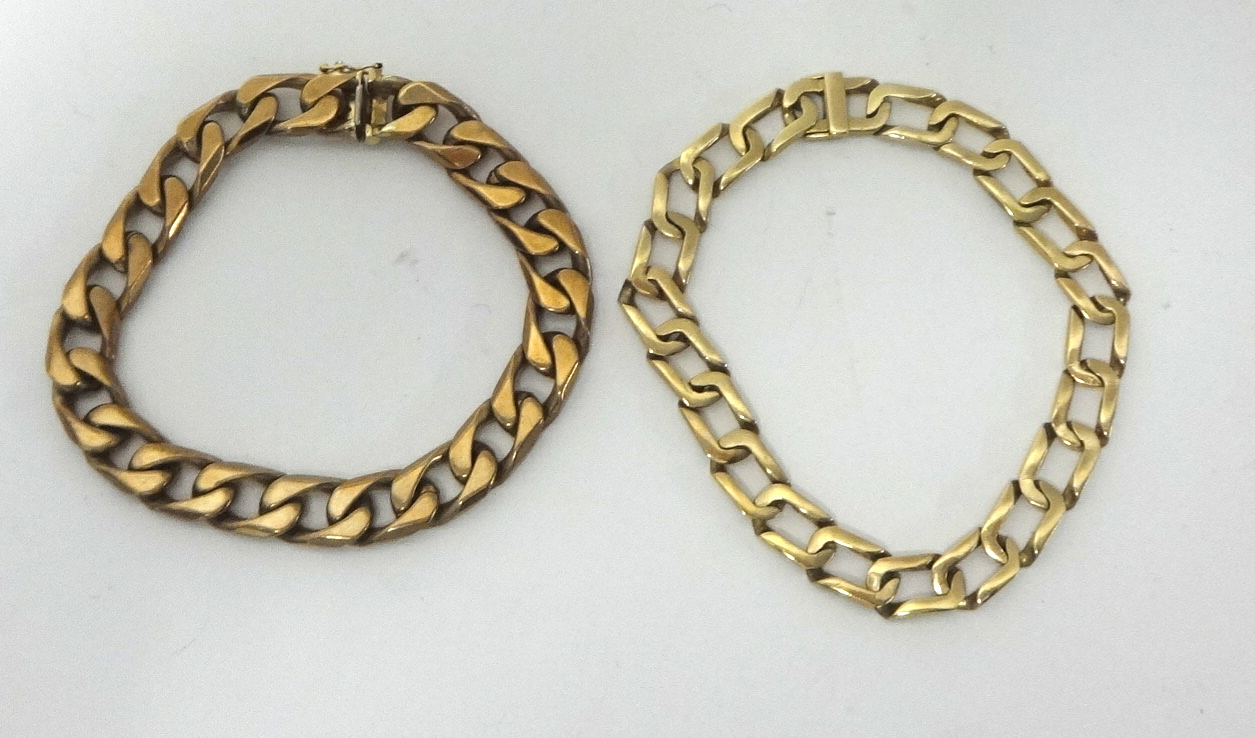 Two 9ct bracelets possibly gents, open links, one bracelet approx 50.20g, 22cm x 1cm, other bracelet