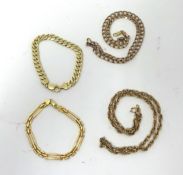 Gold bracelets and chains, open link chain, 25.30g, 53 x 0.5cm. 9ct bracelet 23.10g, 21 x 1cm. 9ct