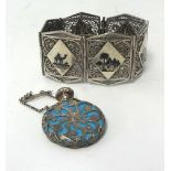 A Siamese silver bracelet and a turquoise scent bottle (2)