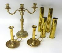 Mixed collection of brass ware including trench art, (four shell cases) chamber stick and