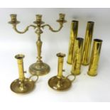 Mixed collection of brass ware including trench art, (four shell cases) chamber stick and