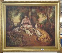 Early 20th century oil on canvas painting, 'Mother and Girls in woodland', 50cm x 59cm.